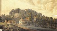 Ansicht der Spiegelsberge von Osten mit Ökonomie, Tanzsaal und Pächterhaus - kolorierte Lithografie von C. Burkhardt 1828 Auszug