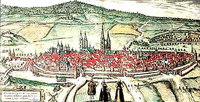 Der Kupferstich zeigt das mittelalterliche Halberstadt. Bildbestimmend sind die zahlreichen Türme der umfangreichen Stadtbefestigung und der Kirchen, die aus der dichten Bebauung der ummauerten Stadt hervorragen. Im Zentrum ist die Stadtkirche St. Martini mit ihren ungleich hohen Türmen zu erkennen, westlich davon die Bischofskathedrale.