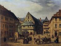 Fischmarkt mit Rathaus Ostseite Marktgeschehen im 17. Jahrhundert, August Brasch, 1848, Städtisches Museum Halberstadt