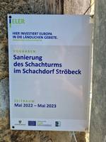 Sanierungstafel des Schachturms in Ströbeck