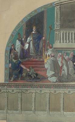 Ausschnitt: Entwurf des Künstlers Georg Barlösius für die Ausgestaltung der Dompropstei in Halberstadt Wie Kaiser Carolus Magnus dem Bistum gegründet..." und Übergabe des Bischofs an Bischof Hildeward D 2343