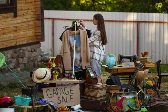 totale aufnahme einer frau beim flohmarkt