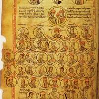 Ottonen-Stammbaum aus der Chronica St. Pantaleonis mit Doppelporträt von König Heinrich I. und Königin Mathilde, 2. Hälfte 12. Jh.