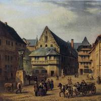 Fischmarkt mit Rathaus Ostseite Marktgeschehen im 17. Jahrhundert, August Brasch, 1848, Städtisches Museum Halberstadt