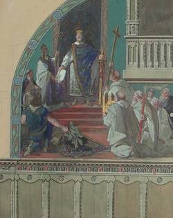 Ausschnitt: Entwurf des Künstlers Georg Barlösius für die Ausgestaltung der Dompropstei in Halberstadt Wie Kaiser Carolus Magnus dem Bistum gegründet..." und Übergabe des Bischofs an Bischof Hildeward D 2343