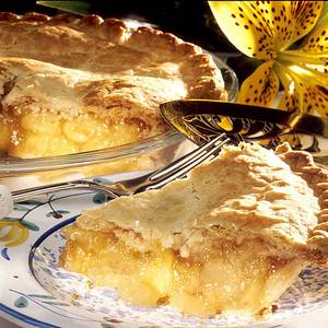 Ein Stück Apfelkuchen auf einem Teller; im Hintergrund die Form mit dem restlichen Kuchen