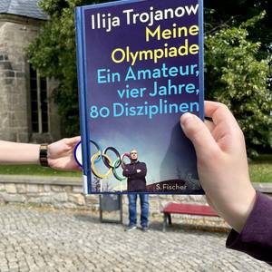 Das Coverbild von "Meine Olympiade" wird mit Beinen und olympischem Ring ergänzt