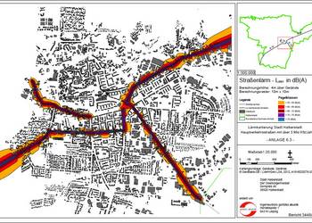 Karte - Innerstädtischer Straßenlärm am Tage; Hauptverkehrsstraßen mit > 3 Mio. Kfz/Jahr