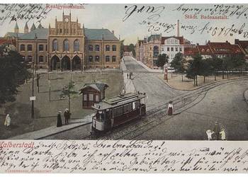 Die Straßenbahn am Johannesbrunnen, Historische Postkarte von 1909, Städtisches Museum Halberstadt