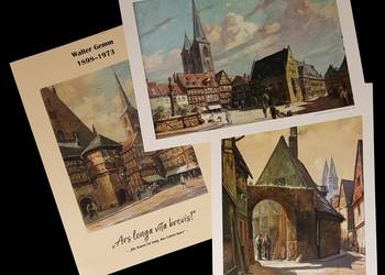 Die neue Gemm-Mappe mit Titelbild „Der Halberstädter Fischmarkt mit Rathaus und Martinikirche“ sowie zwei von 15 in der Mappe enthaltenen Nachdrucken. „Holzmarkt“ von 1930. Das Bild stand in der Fernsehsendung 'Bares für Rares' zum Verkauf. Eine Fundraisingaktion ermöglichte seine Rückkehr nach Halberstadt. Es ist beispielgebend für die zahlreichen Holzmarktmotive, die Gemm auf Bestellung anfertigte. Der Blick in die „Trillgasse“ von 1950 zeigt den einstigen Eingang des Stedernschen Hofes.