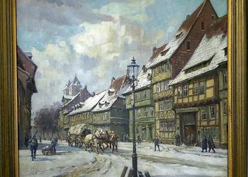 Der „Gemm des Monats“ Dezember: Die Gröperstraße im Winter. Blick in Richtung Moritzkirche mit der Gaststätte 'Zur Sonne', Walter Gemm, Öl auf Leinwand, 1955