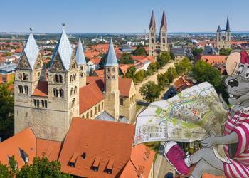Mit Kalotta Mausebart geht es nun auch auf einem digitalen Rundgang für Kinder durch Halberstadt ©Fotomontage: S. Theilig