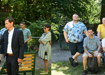 Gemeinsam stark: Alle Beteiligten des Projekts nehmen auf einer der neuen Picknickbänke am Enten-teich Platz – sichtbarer Ausdruck für gelungene Zusammenarbeit, handwerkliches Können und Engagement für Halberstadt. ©Stadt Halberstadt, Holger Wegener