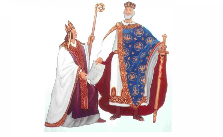 Karl der Große übergibt Bischof Hildegrim die Gründungsurkunde für das Bistum Halberstadt, nach einem Wandgemälde aus der Dompropstei von Georg Barlösius, 1945 zerstört, nachgezeichnet von Anne-Kathrin Mühlender © Städtisches Museum Halberstadt