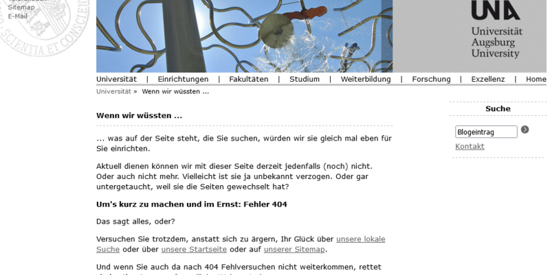 Ehemalige Fehlerseite der Universität Augsburg