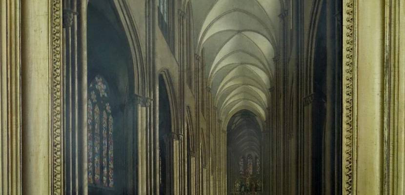 Halberstädter Dom, Innenansicht mit Taufbecken und Langhaus in Richtung Chor, 1831 © Städtisches Museum Halberstadt