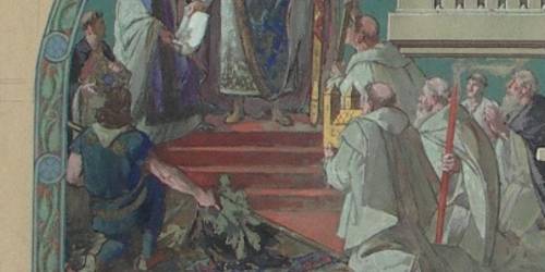 Ausschnitt: Entwurf des Künstlers Georg Barlösius für die Ausgestaltung der Dompropstei in Halberstadt Wie Kaiser Carolus Magnus dem Bistum gegründet...